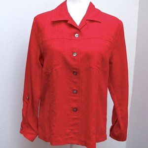 Chico's Red Floral Embossed Linen Blouse Buttoned Front Tab Sleeved Size 1 (M/8)